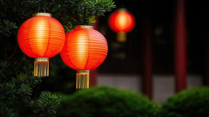 Aufkleber - Chinese new year prosperity concept. Traditional red lanterns illuminate a serene garden setting, symbolizing celebration.