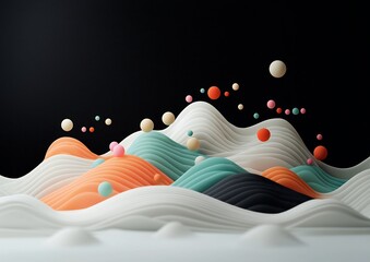 Poster - Mesmerizing pastel colored dots and flowing line work undulate across a brooding black backdrop creating a hypnotic and serene mountainous landscape in a 3D digital rendering