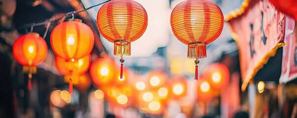 Aufkleber - Chinese new year prosperity concept. Vibrant red lanterns glowing in a festive market, symbolizing celebration and culture.