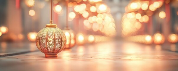 Poster - Chinese new year fortune concept. Elegant decorative lanterns illuminate a serene pathway, creating a magical ambiance.