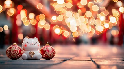 Poster - Chinese new year fortune concept. A charming lucky cat figure surrounded by festive decorations and glowing lights.
