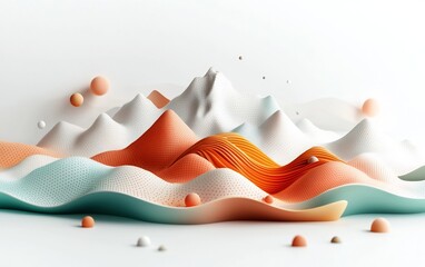 Poster - Pastel hued Abstract Mountains with Striking Wave Pattern of Dots and Lines Cascading Across the Surface Surreal Backdrop Visualization in a Pure White Environment with Intricate Detail