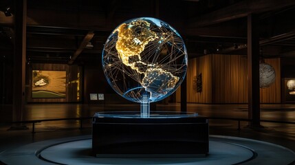 Poster - A glowing, illuminated globe showcasing a digital representation of Earth, set in a modern exhibition space with wooden accents.