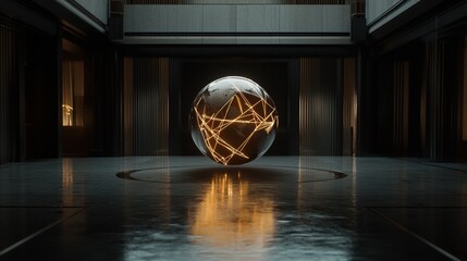 Poster - A glowing sphere with interconnected lines sits on a reflective surface in a modern, minimalist space, showcasing advanced technology and design.