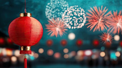 Aufkleber - Chinese new year shopping idea. A vibrant red lantern shines against a backdrop of colorful fireworks at night.