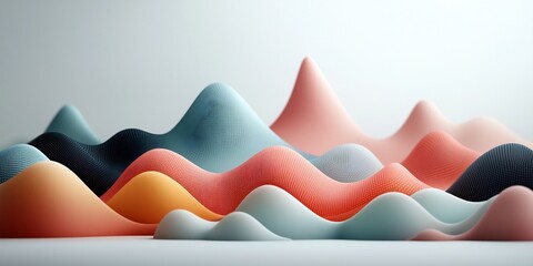 Poster - Mesmerizing Pastel Mountainscape Undulating Geometric Formations in Abstract Digital Landscape   A captivating 3D rendered scene featuring pastel colored dot and line patterns across a mountainous