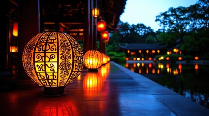 Poster - Chinese new year lighting idea. Illuminated lanterns reflecting on water create a serene and tranquil atmosphere.