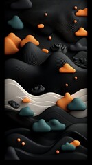 Poster - Atmospheric abstract dark canvas with soft pastel dots and sweeping lines forming a wave patterned mountainous landscape