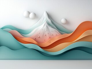 Poster - Striking abstract 3D digital artwork featuring a minimalist mountain landscape silhouette composed of pastel colored dots curves and geometric shapes against a clean white backdrop