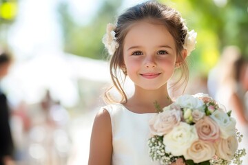 Wall Mural - Portrait of a young girl in a flower girl dress, holding a bouquet, bright sunny day at a wedding venue, joyful expression