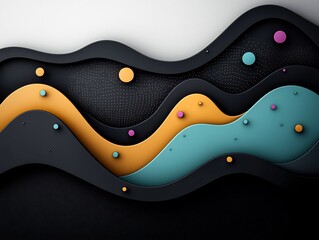 Poster - Mesmerizing minimalist abstract landscape with wavy pastel colored dots and lines forming a dynamic fluid pattern across a dark monochromatic background  3D CGI rendering with a plain white backdrop