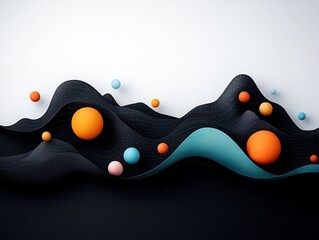 Poster - Captivating Minimalist Abstract 3D Landscape Composition with Pastel Colored Dots and Wavy Lines Forming a Dynamic Pattern Across a Dark Black Background