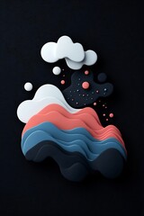 Poster - Minimalist abstract background with pastel toned dots and wavy lines crafting a mountainous impression on a dark 3D rendered landscape