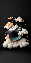 Poster - Tranquil abstract dark canvas with pastel dots and sweeping lines forming a wave shaped mountain landscape 3D rendering in a pristine white environment with crisp