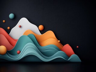 Poster - Tranquil Abstract Pastel Mountainscape with Undulating Waves and Dots   3D Digital Art of a Minimalistic Dark Environment with Flowing Lines and Colorful Geometric Elements