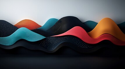 Poster - Vibrant and Ethereal Minimalist 3D Digital Art Depicting a Mountainous Landscape Composed of Pastel Colored Dots and Wavy Lines Against a Dark Moody Backdrop