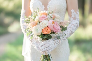 Wall Mural - Close-up of a bride's hands holding a bouquet, delicate lace gloves, pastel flowers, blurred outdoor wedding venue in the background