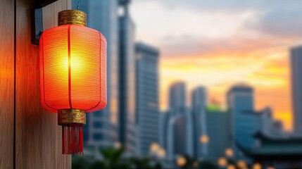 Poster - Chinese new year prosperity concept. A glowing red lantern against a city skyline at sunset, symbolizing celebration.