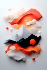 Poster - Flowing pastel toned shapes and dots create an abstract minimalist interpretation of a mountainous landscape generating a serene and contemplative atmosphere on a stark white background