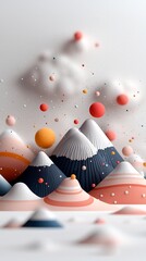 Poster - Pastel dotted and striped mountain silhouettes against a minimalist white studio backdrop  creating a serene and dreamlike digital art composition with a pristine 3D computer graphics