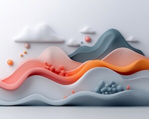 Poster - Serene Pastel Peaks A mesmerizing 3D landscape of minimalist mountain silhouettes in soothing pastel hues set against a pristine white canvas backdrop