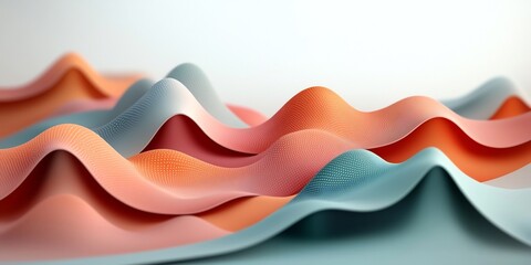 Poster - Undulating Pastel Dot and Line Formations Cascading Across Minimalist Mountainous Digital Landscape with 3D Rendering on Pure White Backdrop