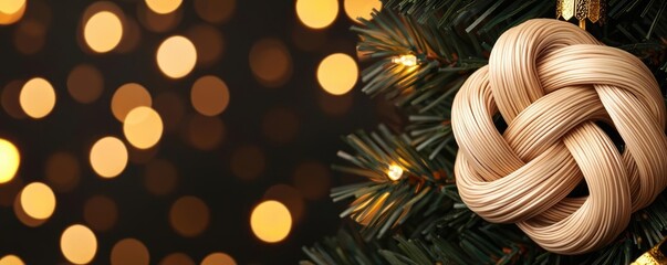 Poster - Chinese new year fortune concept. A beautiful woven ornament on a Christmas tree with twinkling lights in the background.