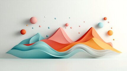 Poster - Mesmerizing abstract pastel landscape with a wave like pattern of lines and dots creating a surreal and minimalist 3D mountain scene on a white background