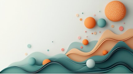 Poster - Serene pastel colored digital featuring an abstract mountainscape with delicate floating dots and flowing wave patterns against a clean white background creating a calming and modern aesthetic