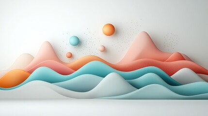 Poster - Serene abstract pastel landscape with floating pastel colored dots and wavy lines creating a minimalist mountain pattern on a clean white background