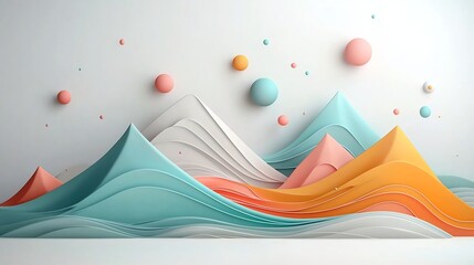 Poster - Pastel Abstract Landscape with Flowing Waves Geometric Dots and Minimalist Mountain Formations on a White Background