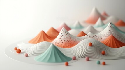 Poster - Pastel Peaks Abstract Mountainscape with Flowing Waves and Dots   A serene and minimalist 3D rendered background featuring a gentle wave pattern across pastel colored mountain forms