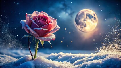 Wall Mural - Moonlit Winter Rose: Magical Night Bloom in Frosty Landscape