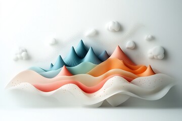 Poster - Mesmerizing Pastel Wave like Design with Mountainous Forms in Pristine White Digital Art  Captivating abstract 3D digital artwork featuring a soft dreamlike landscape of undulating pastel shapes dots