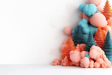 Poster - Vibrant pastel forest with wispy pastel trees captivating pastel dot and line designs 3D digital painting on a bright white backdrop creating a dreamlike and imaginative atmosphere