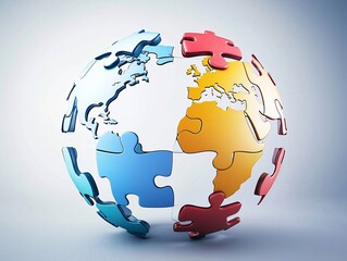 Poster - A mosaic of colorful puzzle pieces forming a globe, illustrating the interconnectedness of purpose and global impact