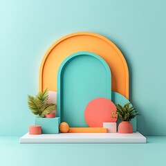 Poster - Pastel Hued Geometric Abstract Composition featuring Curving Shapes and Lines in a Minimalist 3D Rendered Studio Setting