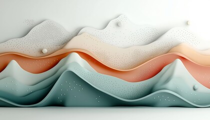 Poster - Captivating Pastel Peaks Abstract Wave like Overlay with Dotted and Linear Elements   A breathtaking 3D visualization featuring a serene minimalist backdrop of pastel mountains with a mesmerizing