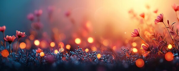 Poster - Scenery abstract background idea. A beautiful field of colorful flowers illuminated by soft sunlight and bokeh effects.