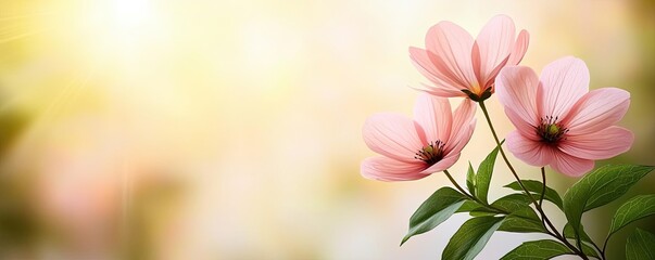 Poster - Scenery abstract background idea. Delicate pink flowers in soft sunlight creating a serene atmosphere.