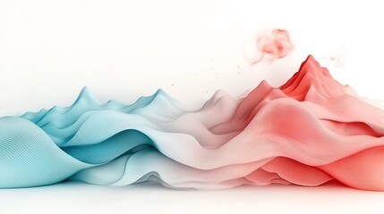 Poster - Captivating abstract landscape with cascading pastel waves dots and lines flowing across a majestic mountain backdrop in a bright flawless white setting  This 3D CGI digital artwork evokes a serene