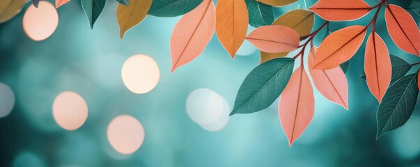 Poster - Scenery abstract background idea. Colorful leaves in autumn against a dreamy blurred background of light.
