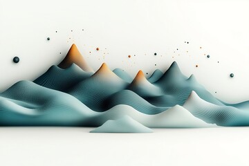 Poster - Pastel Waves of Abstract Dots and Lines Across Stylized Mountain Peaks in a Clean White 3D Digital Landscape  Minimalist Ethereal and Serene Futuristic Art Backdrop