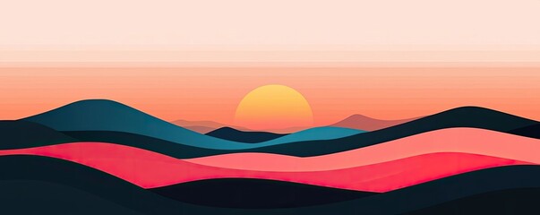 Poster - Scenery abstract background idea. A serene sunset over stylized hills, showcasing vibrant colors and a peaceful atmosphere.