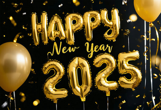 Gold Happy New Year 2025 message balloons on a black background with decoration party symbolizes the