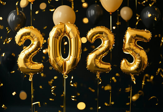 Gold Happy New Year 2025 message balloons on a black background with decoration party symbolizes the