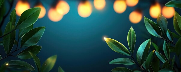 Poster - Scenery abstract background idea. A serene background with lush leaves and warm glowing lights for a calming atmosphere.