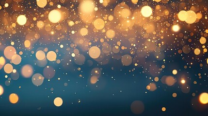 Poster - Gold abstract background concept. Glimmering golden bokeh lights on a soft blue background, perfect for festive designs.