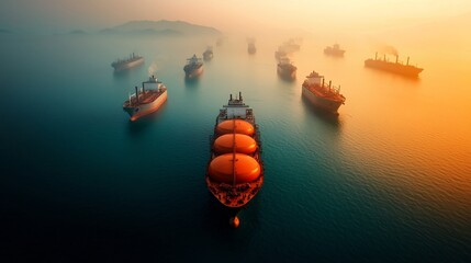 Poster - Aerial view of an expansive offshore oil and gas terminal with multiple tankers and storage tanks situated in a vast industrial landscape