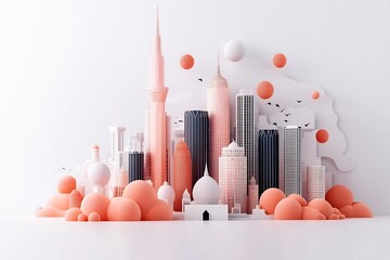 Poster - Captivating pastel colored cityscapes featuring sleek modern architectural designs complemented by intricate 3D of dot and line patterns set against a clean